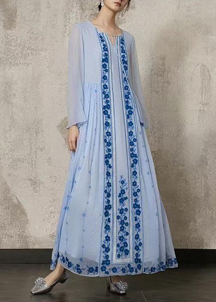 Chinese Style Light Blue Embroidered Lace Up Long Dress Fall