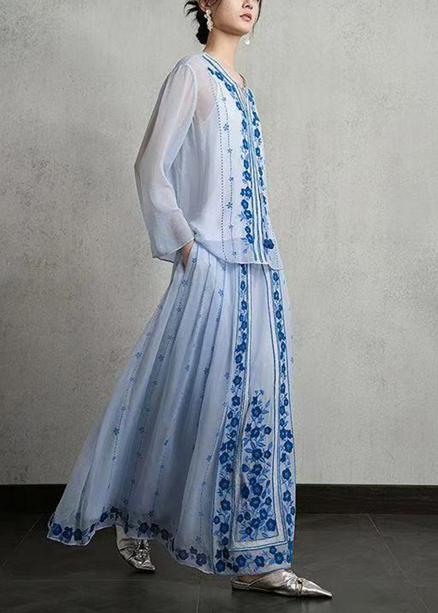 Chinese Style Light Blue O-Neck Top And Modified Mamian Skirt Two Pieces Set Fall