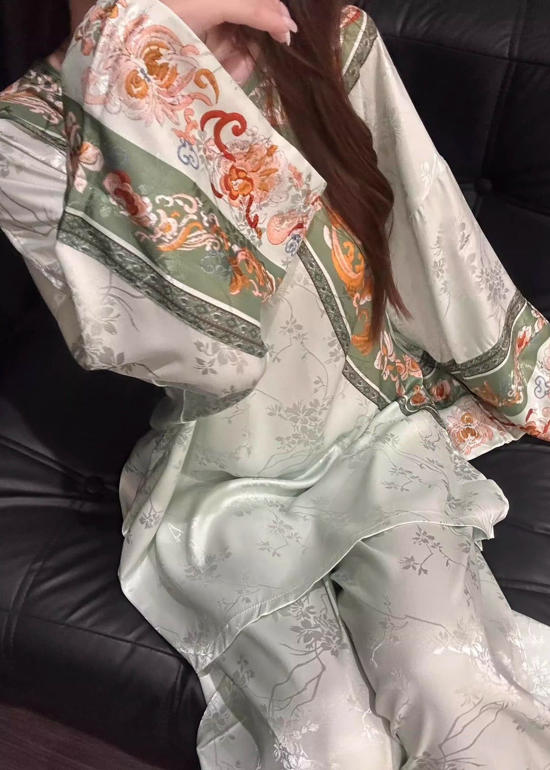 Chinese Style Light Green Jacquard Ice Silk Pajama Sets Fall