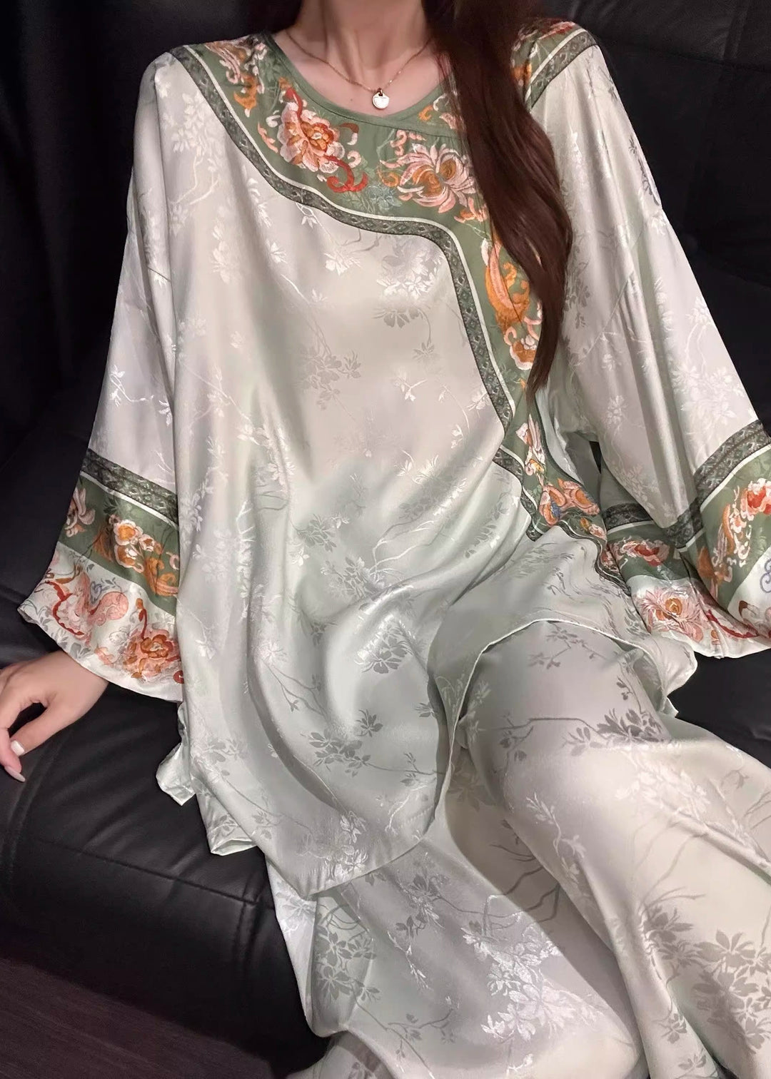 Chinese Style Light Green Jacquard Ice Silk Pajama Sets Fall