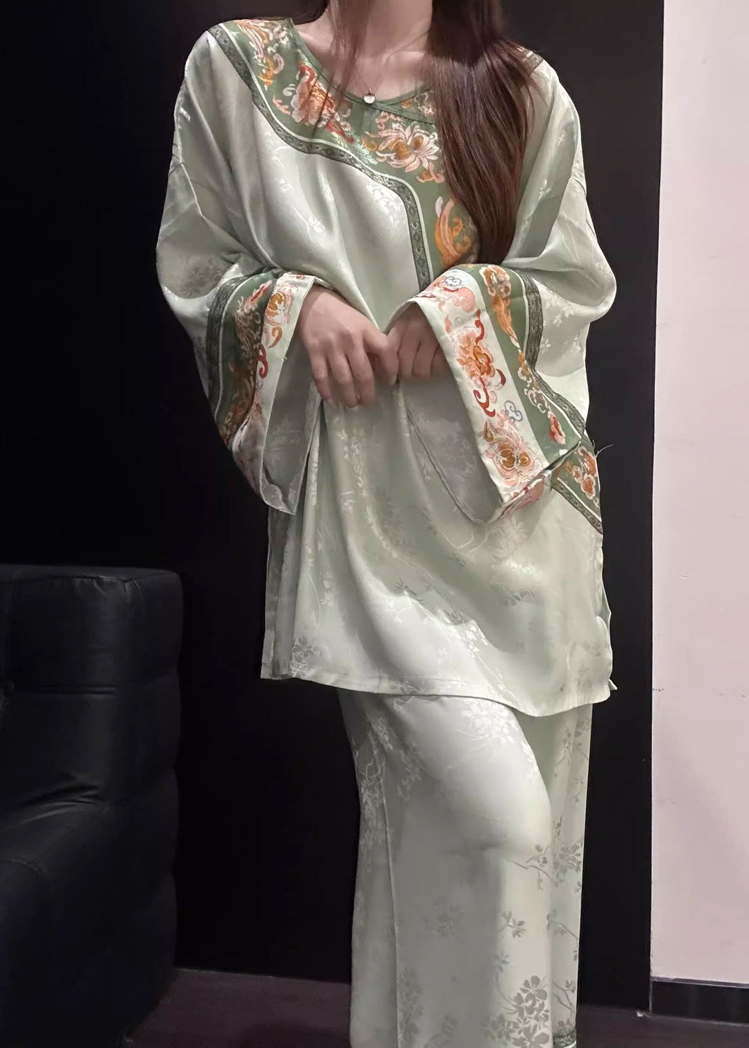 Chinese Style Light Green Jacquard Ice Silk Pajama Sets Fall