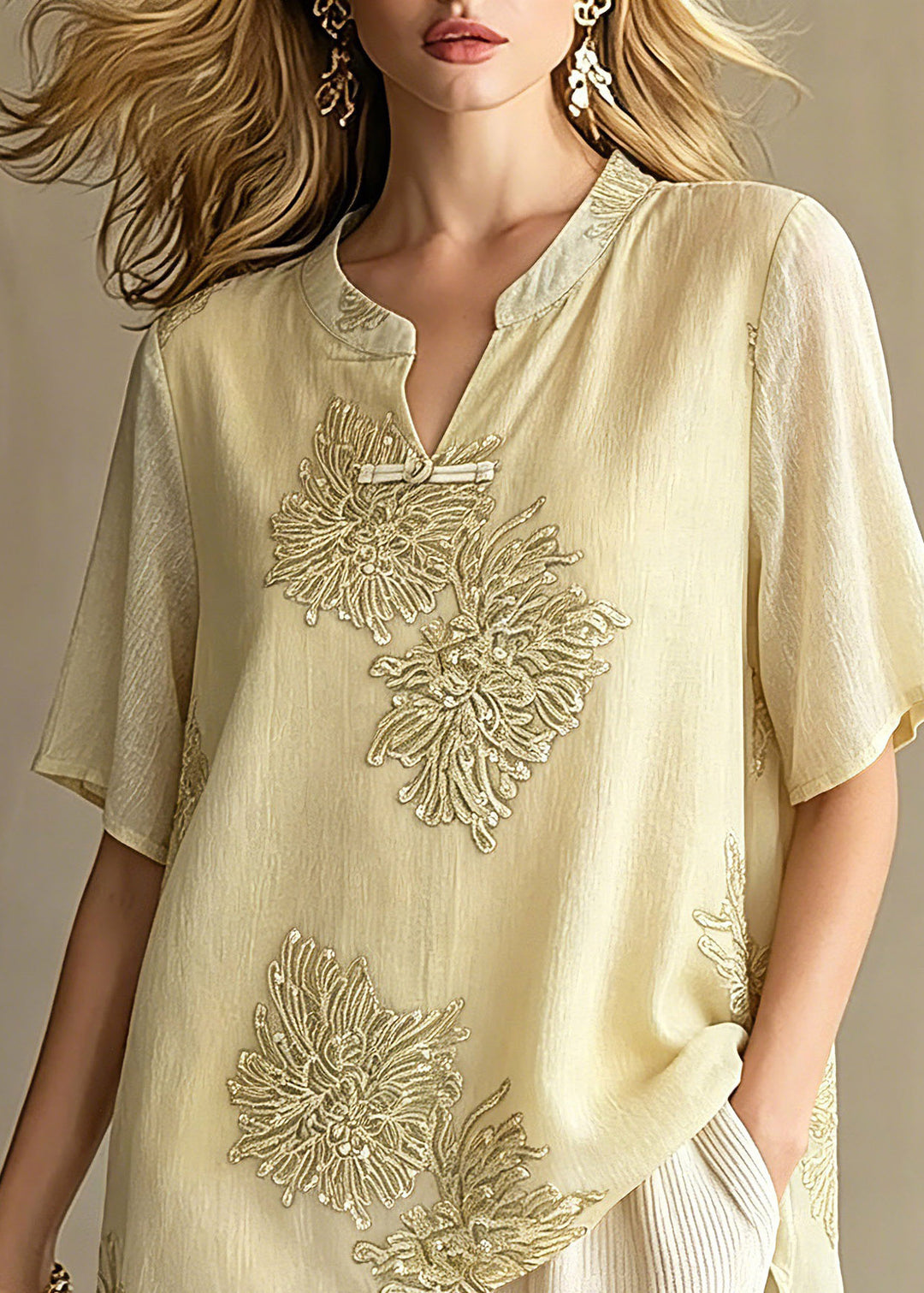 Chinese Style Light Green Print Chiffon Tops Short Sleeve