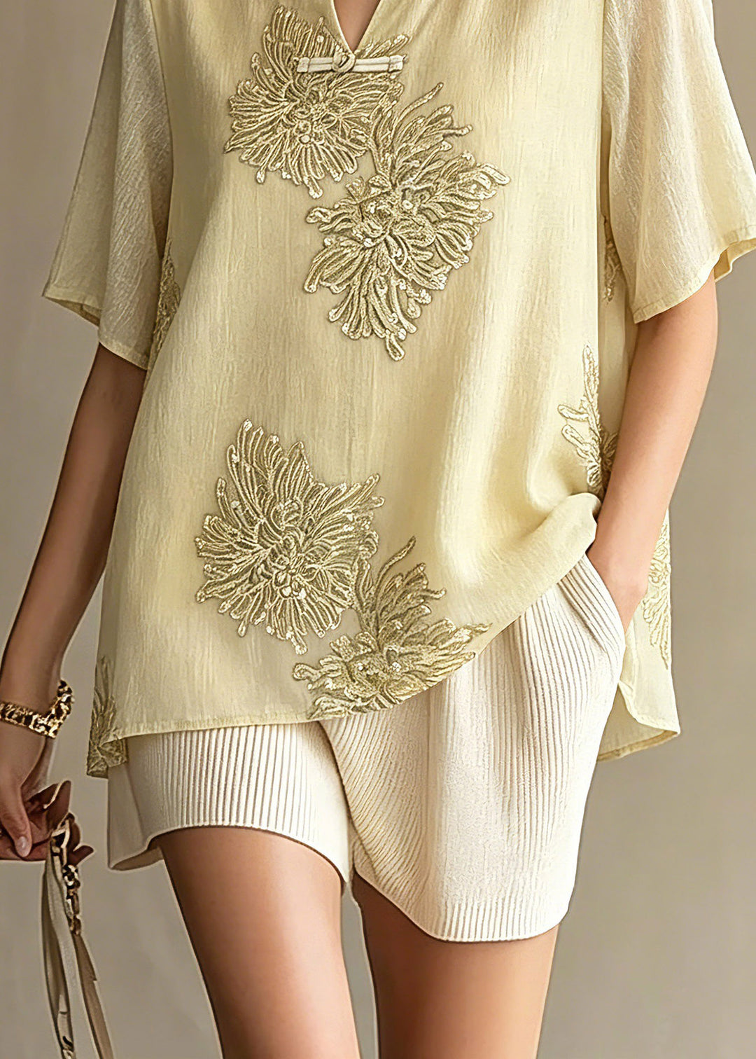 Chinese Style Light Green Print Chiffon Tops Short Sleeve
