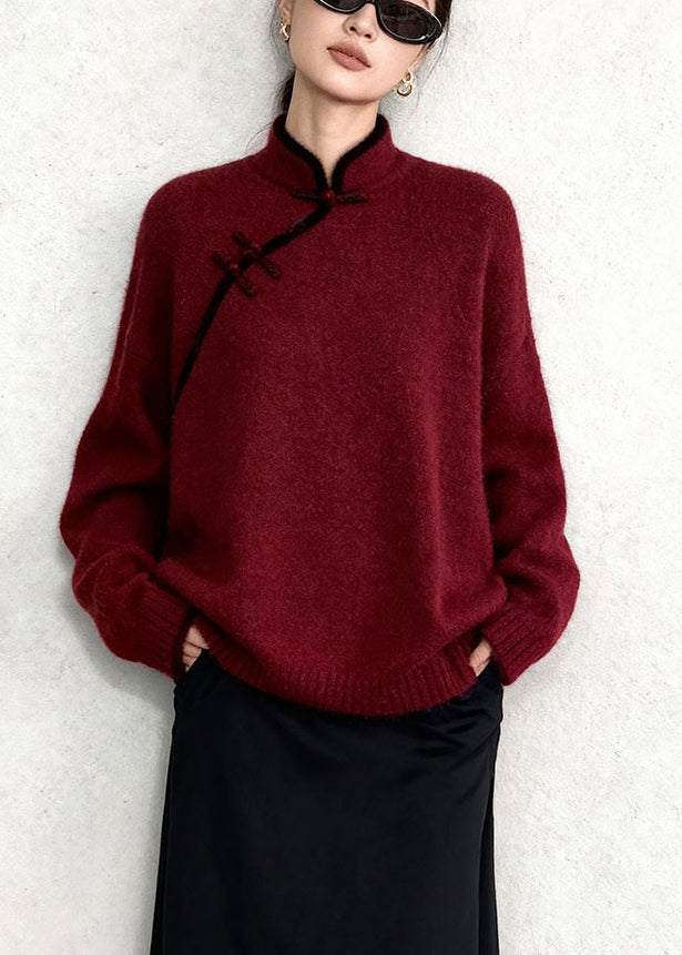 Chinese Style Mulberry Mandarin Collar Warm Knitted Tops Winter