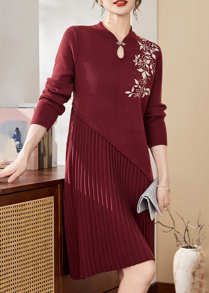 Chinese Style Mulberry Stand Collar Cotton Knit Long Sweater Dress Fall