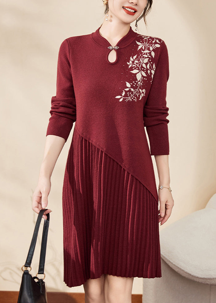 Chinese Style Mulberry Stand Collar Cotton Knit Long Sweater Dress Fall