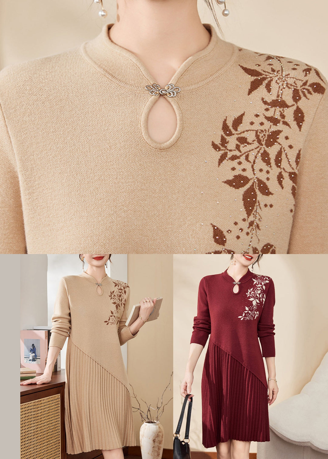 Chinese Style Mulberry Stand Collar Cotton Knit Long Sweater Dress Fall
