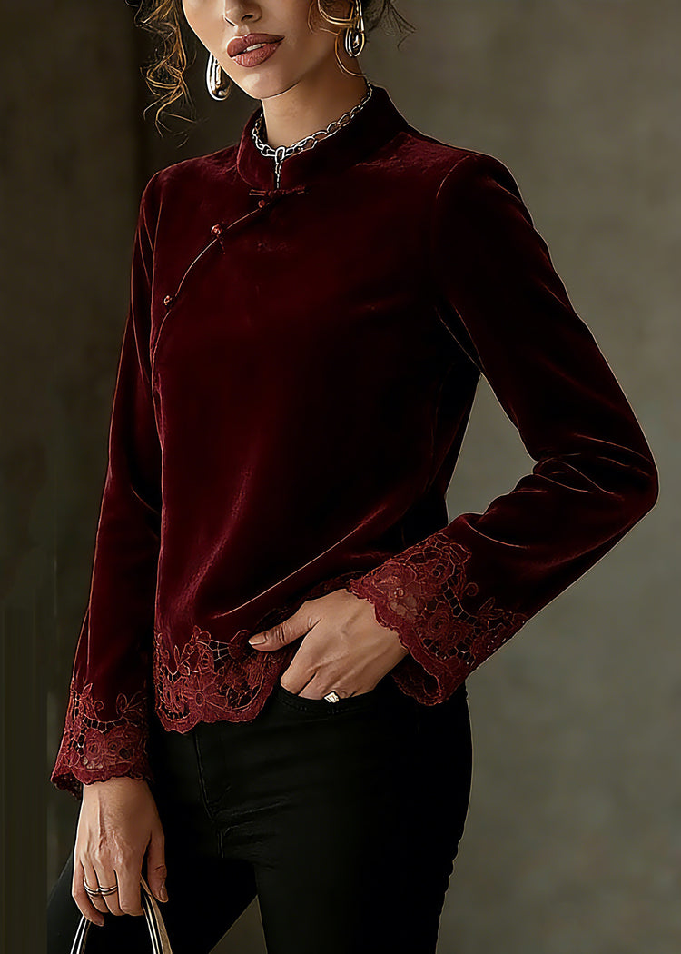 Chinese Style Mulberry Stand Collar Patchwork Top Spring - Omychic