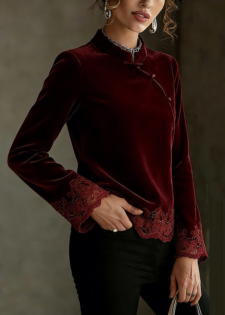 Chinese Style Mulberry Stand Collar Patchwork Top Spring - Omychic