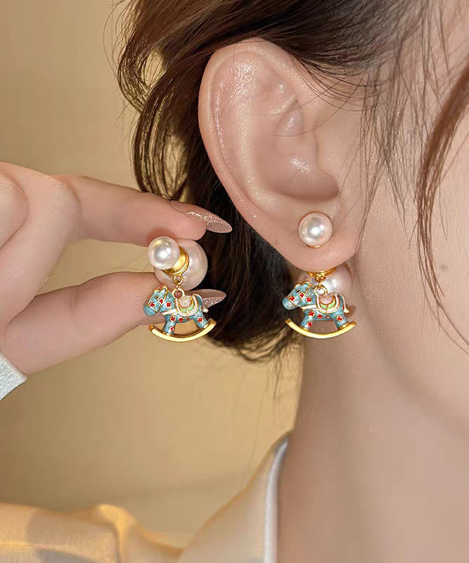 Chinese Style Multicolor Copper Alloy Pearl Foal Stud Earrings