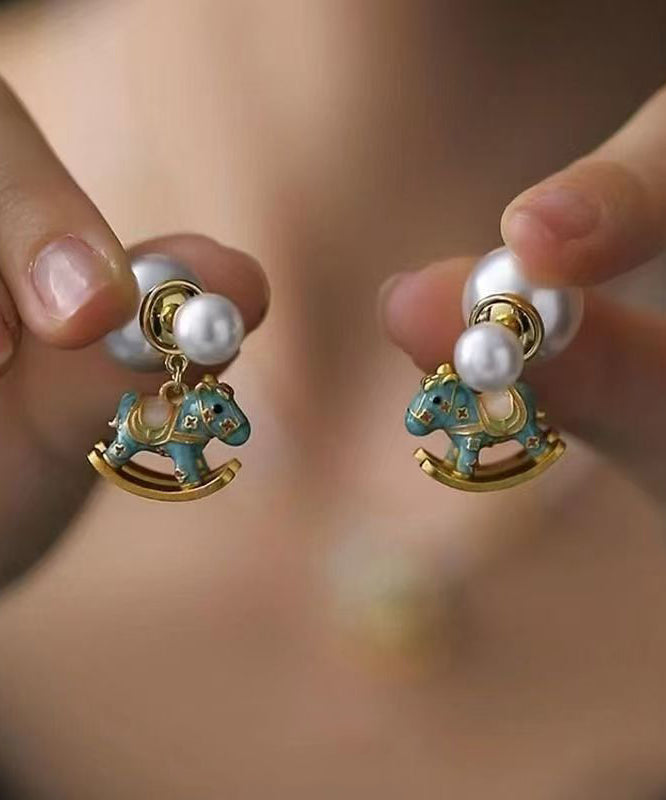 Chinese Style Multicolor Copper Alloy Pearl Foal Stud Earrings