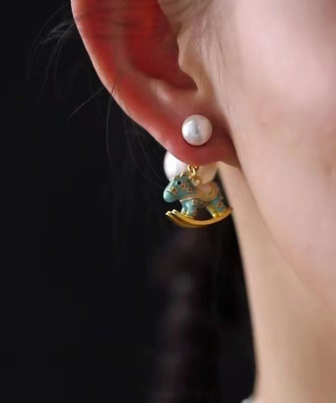 Chinese Style Multicolor Copper Alloy Pearl Foal Stud Earrings
