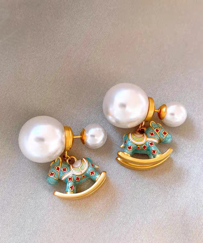Chinese Style Multicolor Copper Alloy Pearl Foal Stud Earrings