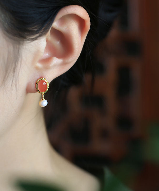 Chinese Style Multicolor Sterling Silver Overgild Pearl Agate Drop Earrings