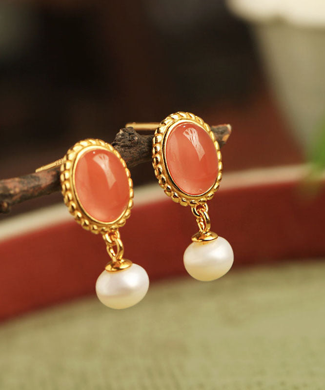 Chinese Style Multicolor Sterling Silver Overgild Pearl Agate Drop Earrings