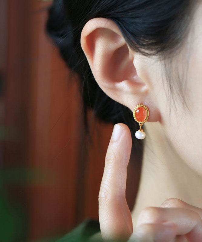 Chinese Style Multicolor Sterling Silver Overgild Pearl Agate Drop Earrings