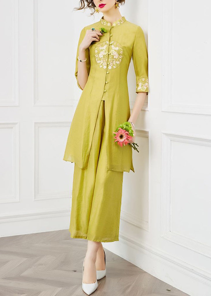Chinese Style Mustard Yellow Embroidered Button Cotton Two Piece Set Summer