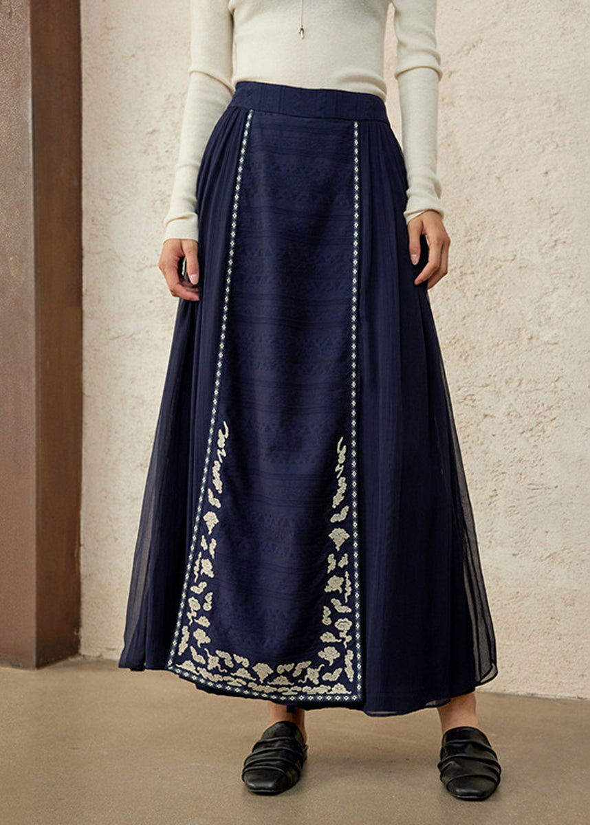 Chinese Style Navy Embroidered Overlay Wide Leg Pants Spring