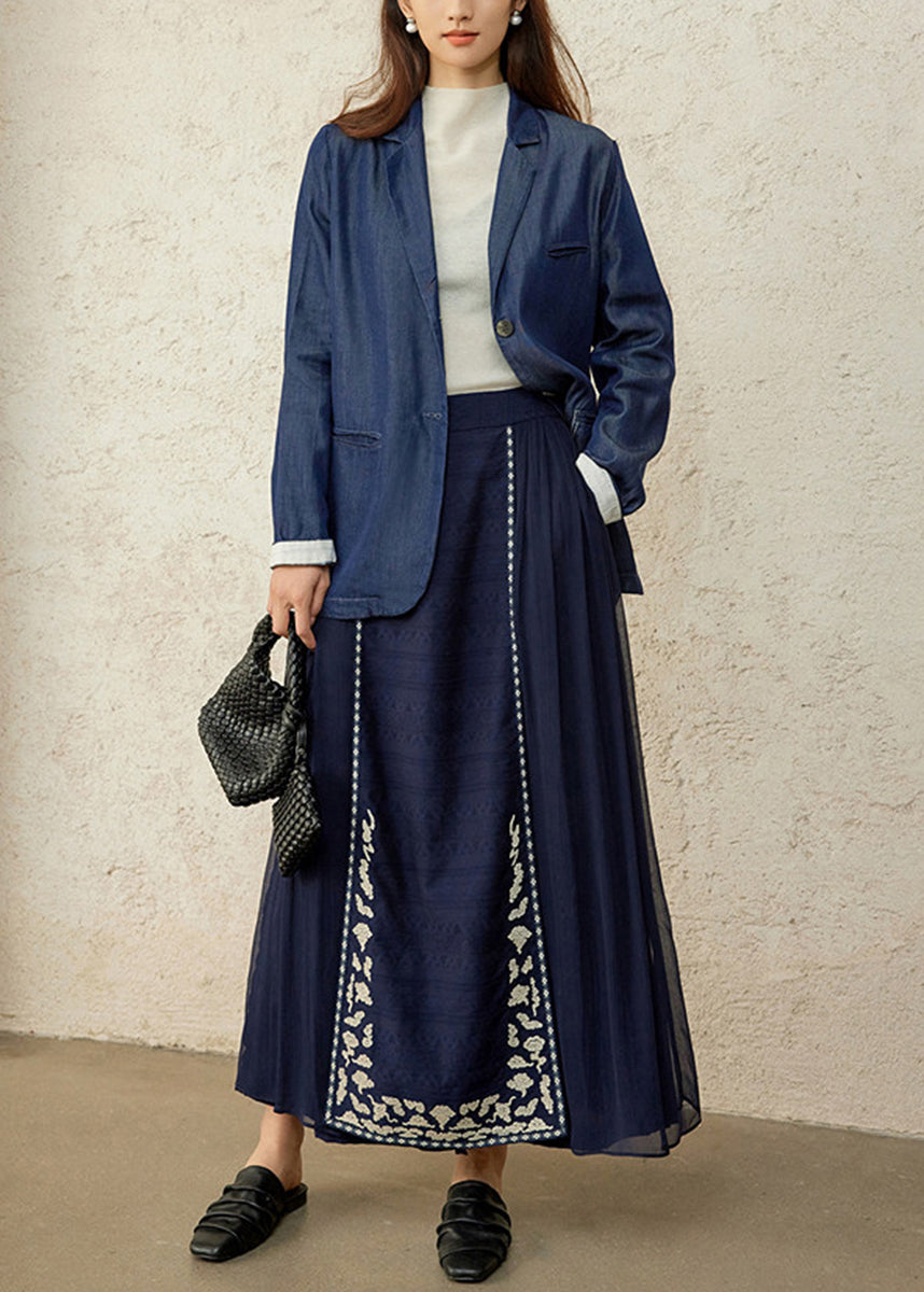 Chinese Style Navy Embroidered Overlay Wide Leg Pants Spring