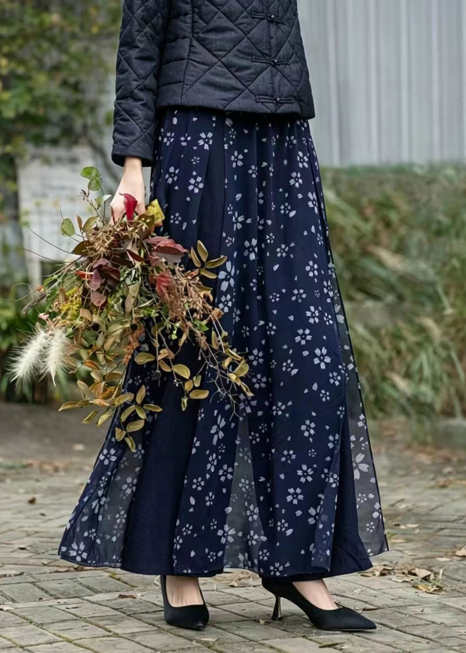 Chinese Style Navy Print Overlay Wide Leg Pants Spring