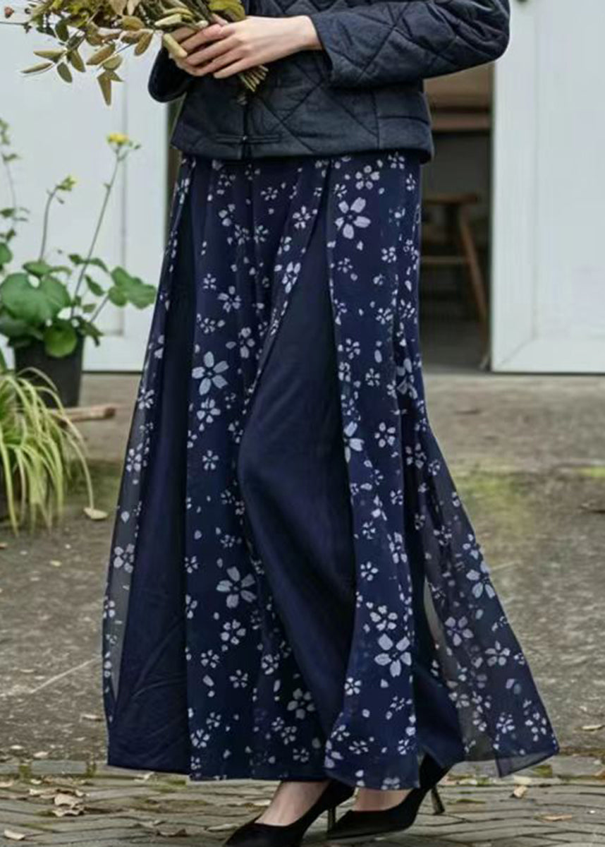 Chinese Style Navy Print Overlay Wide Leg Pants Spring
