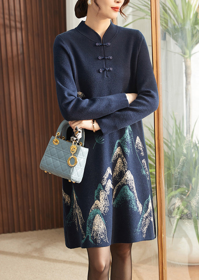 Chinese Style Navy Print Tassel Cotton Knitted Long Sweater Dress Fall