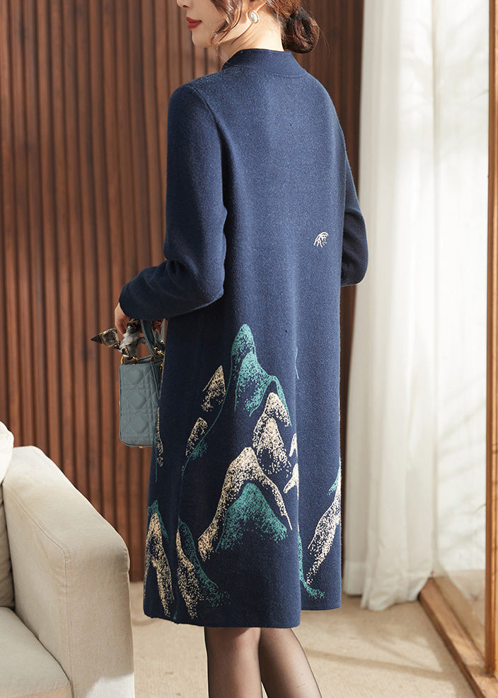 Chinese Style Navy Print Tassel Cotton Knitted Long Sweater Dress Fall