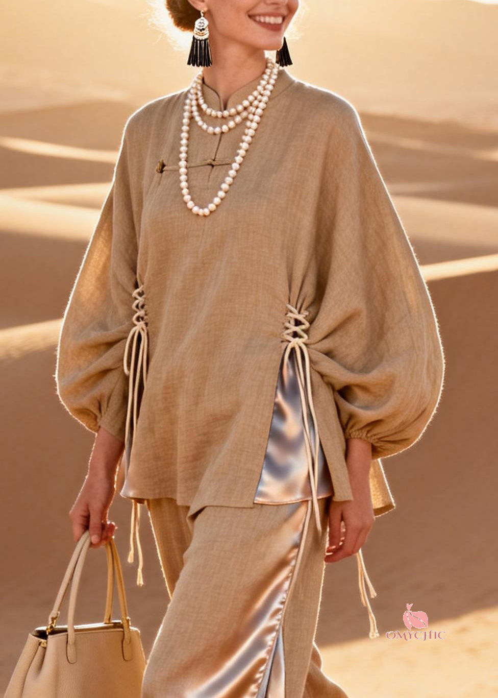 Chinese Style O Neck Lace Up Patchwork Silk Linen Two Pieces Set