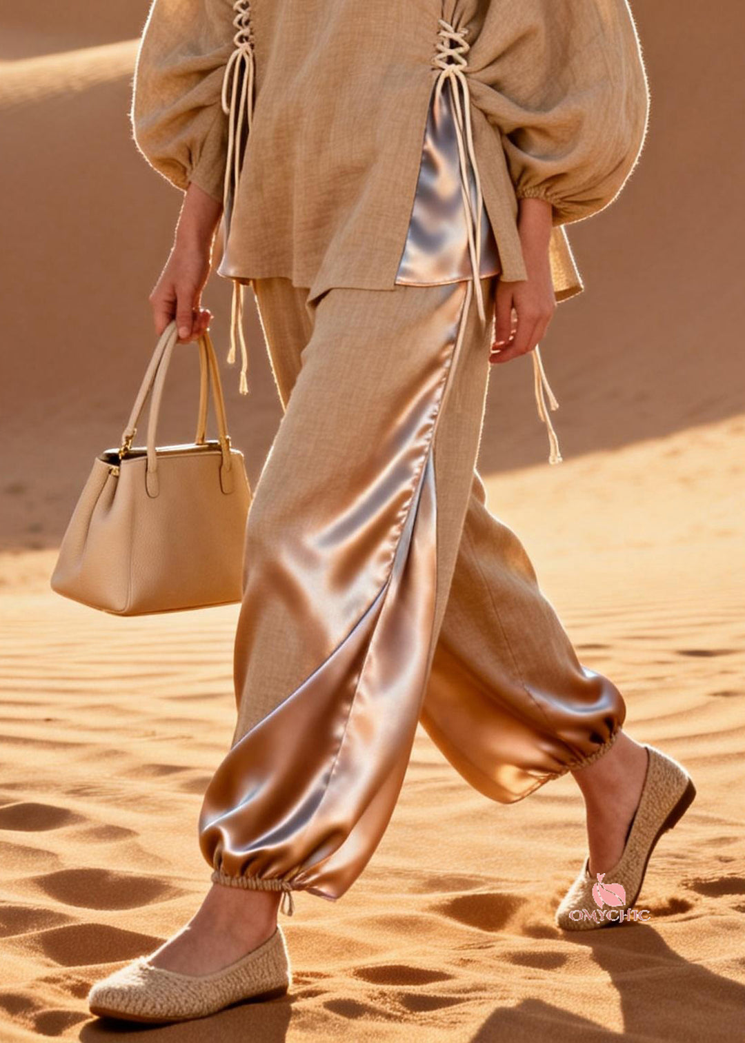 Chinese Style O Neck Lace Up Patchwork Silk Linen Two Pieces Set