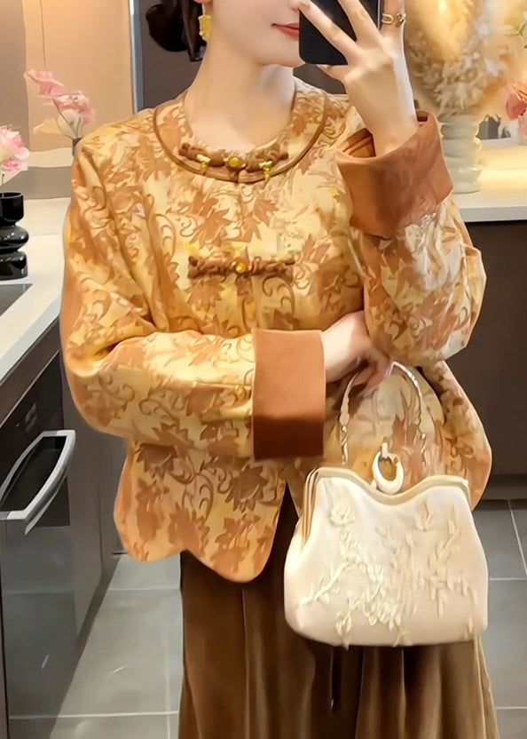 Chinese Style O-Neck Print Button Silk Cotton Coat Fall