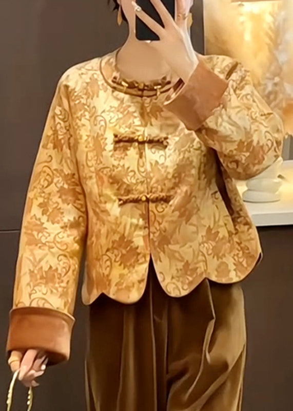 Chinese Style O-Neck Print Button Silk Cotton Coat Fall