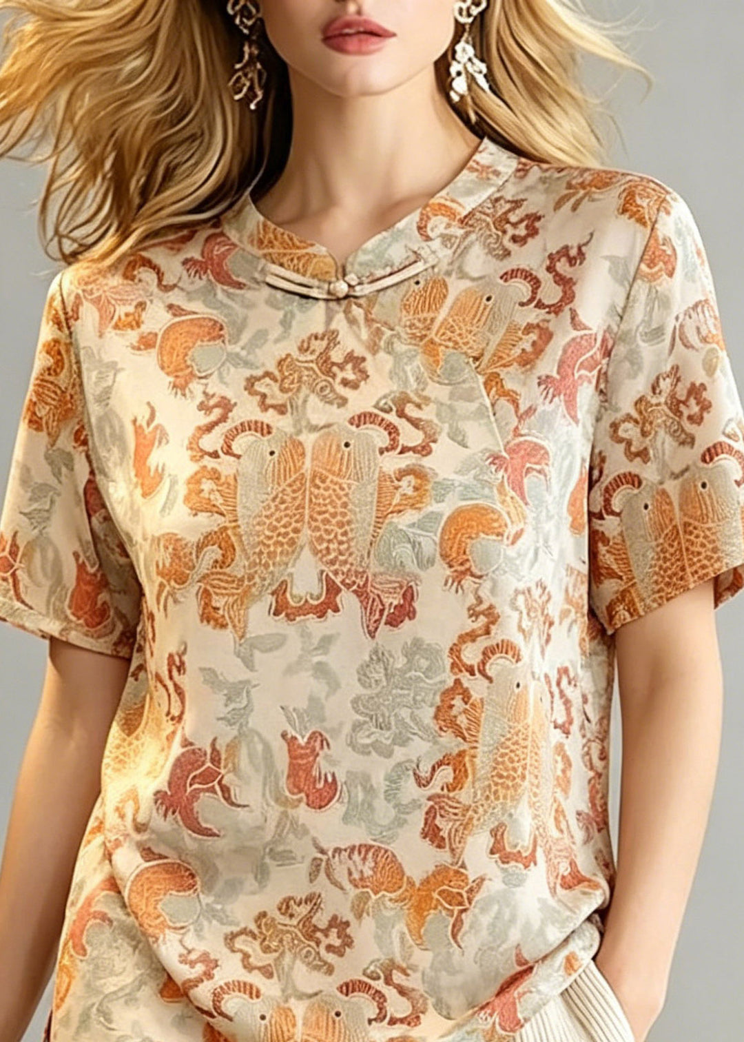 Chinese Style O-Neck Print Side Open Tops Summer