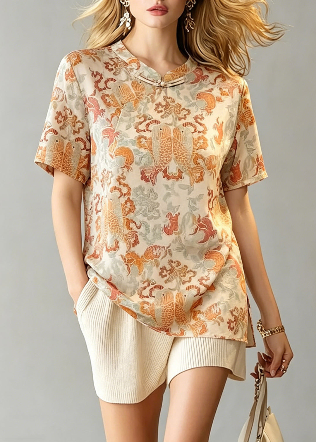 Chinese Style O-Neck Print Side Open Tops Summer