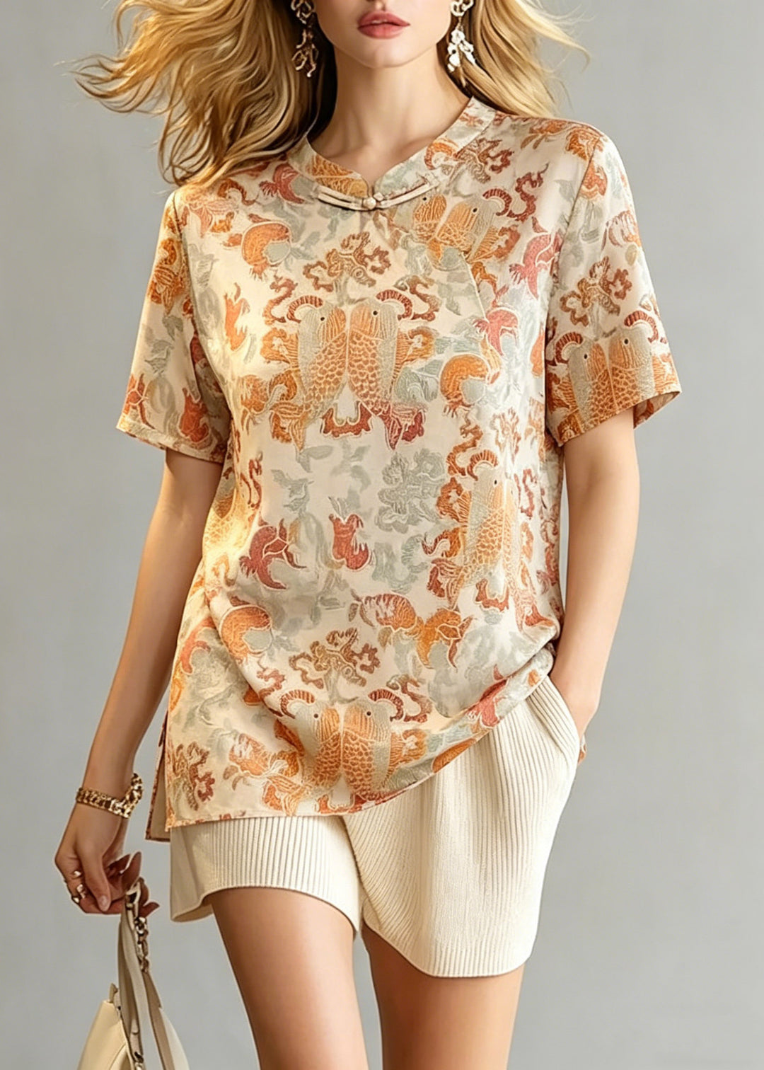 Chinese Style O-Neck Print Side Open Tops Summer