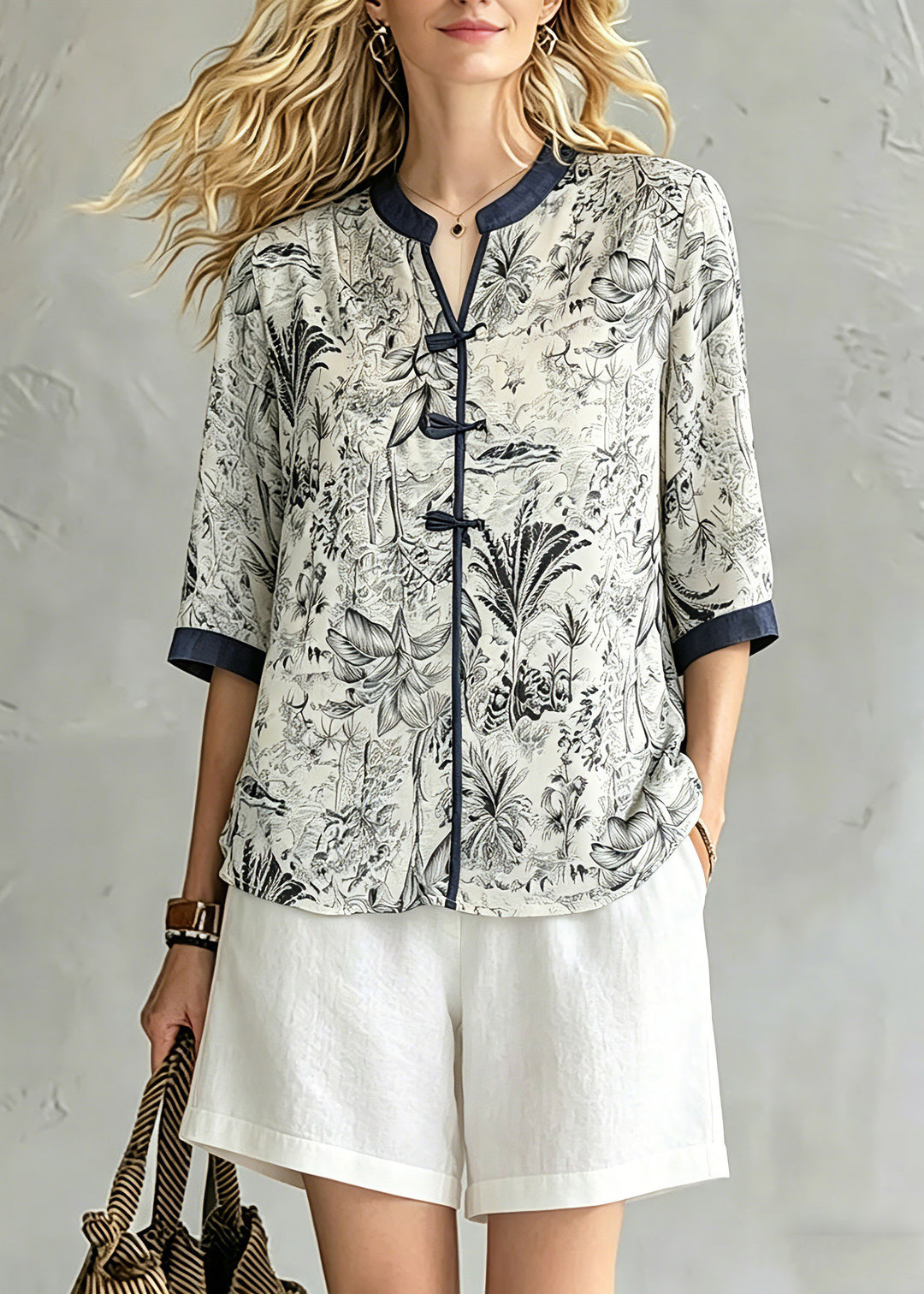 Chinese Style O-Neck Print Tops Half Sleeve