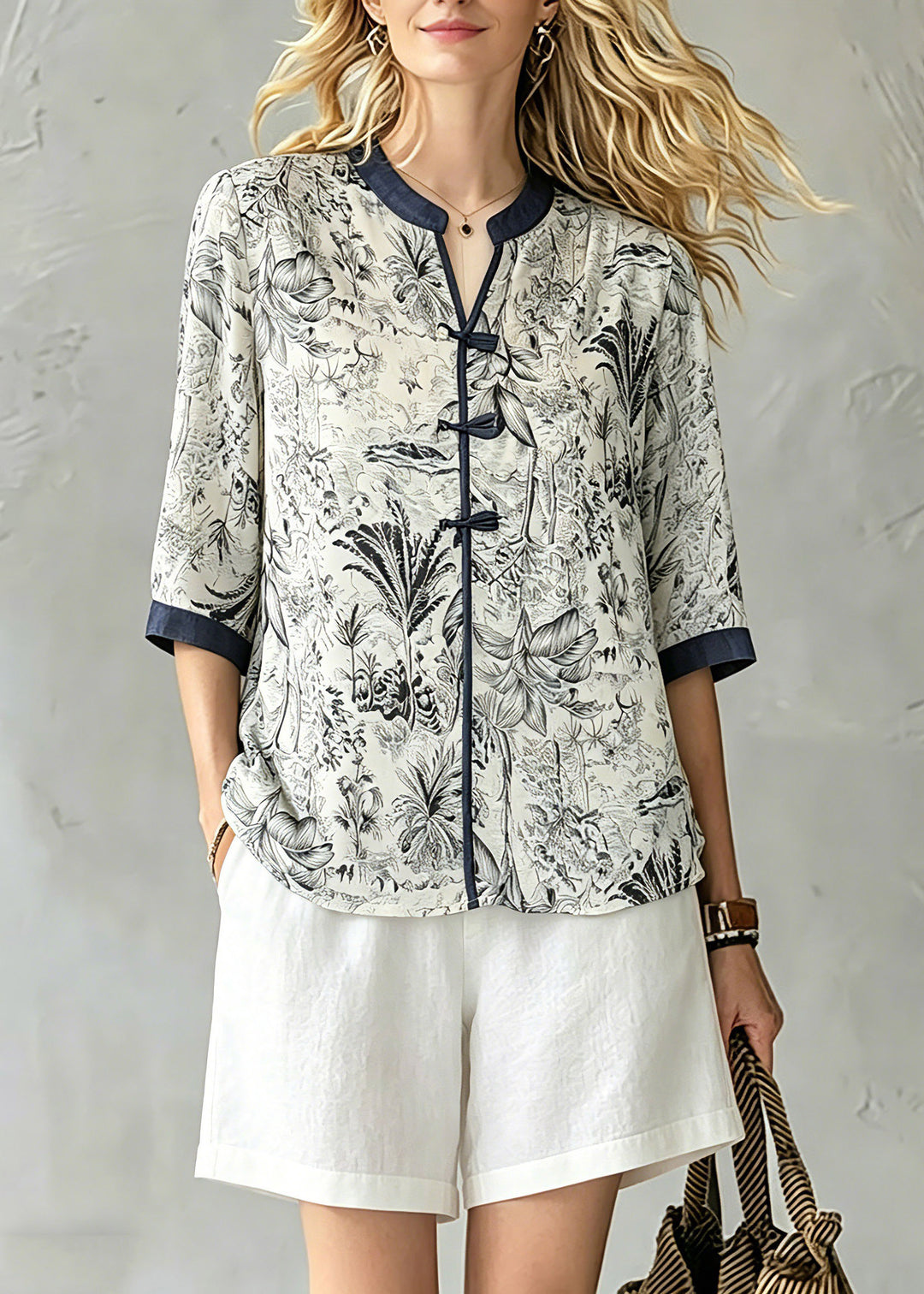 Chinese Style O-Neck Print Tops Half Sleeve