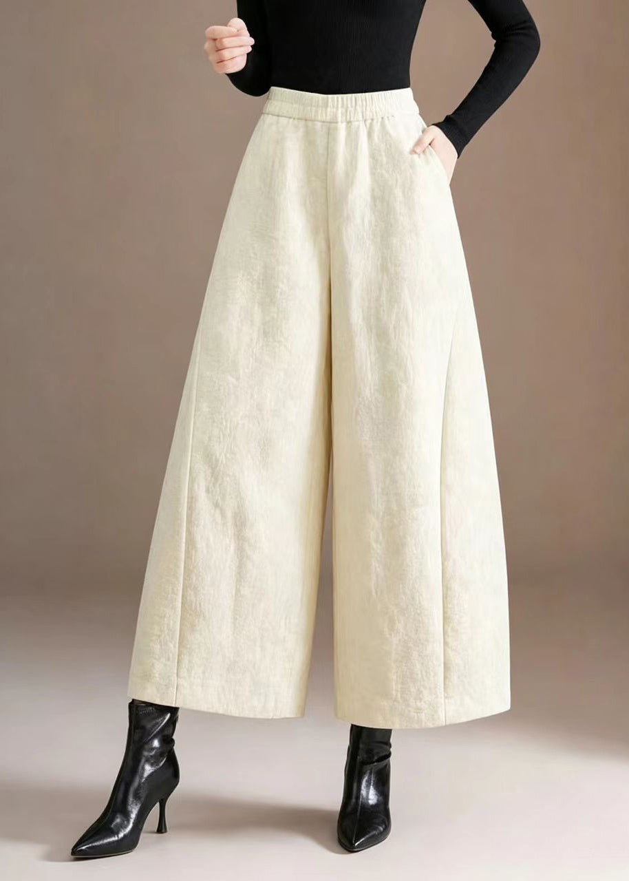 Chinese Style Off White Jacquard Pockets Elastic Waist Wide Leg Crop Pants Fall