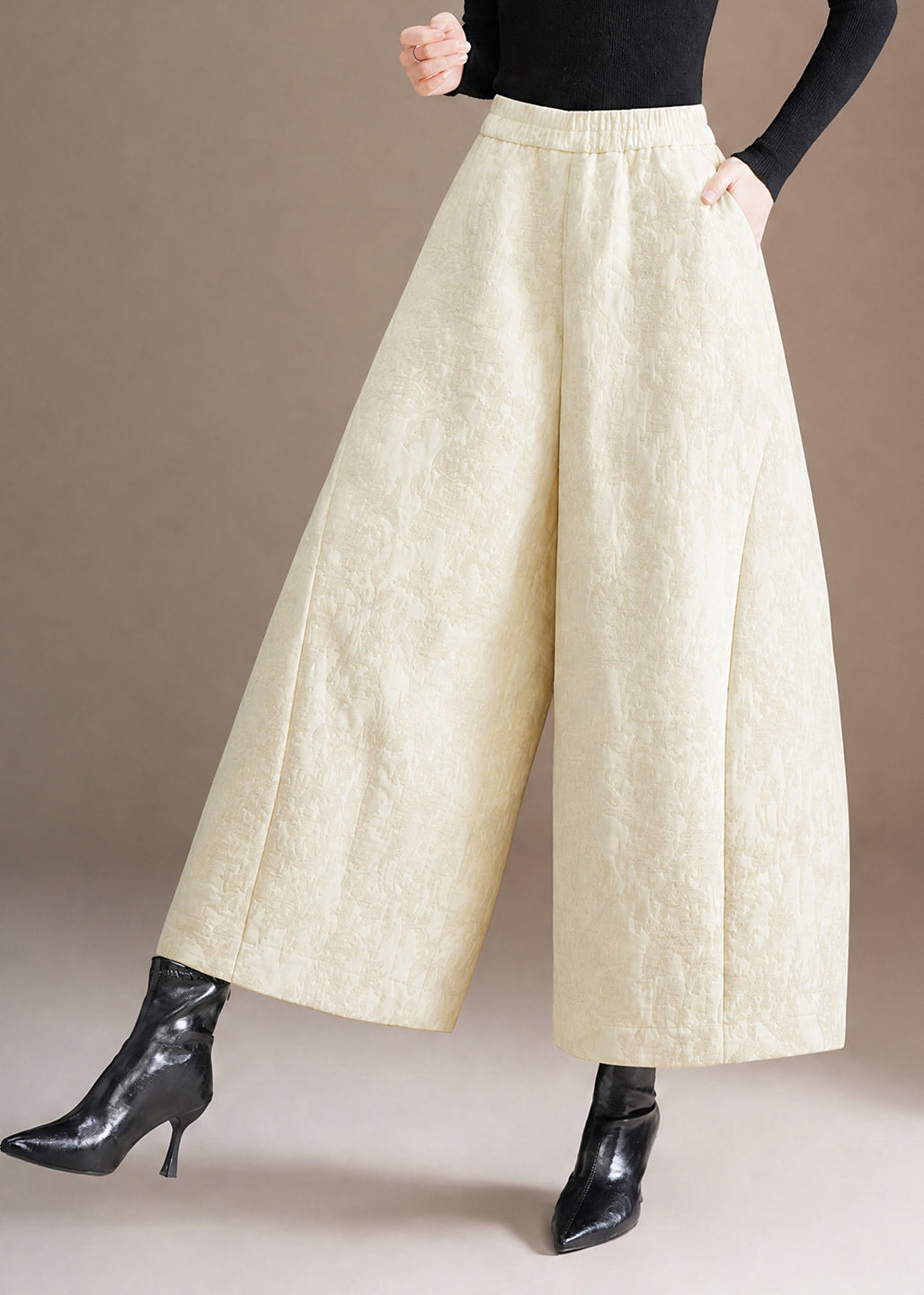 Chinese Style Off White Jacquard Pockets Elastic Waist Wide Leg Crop Pants Fall