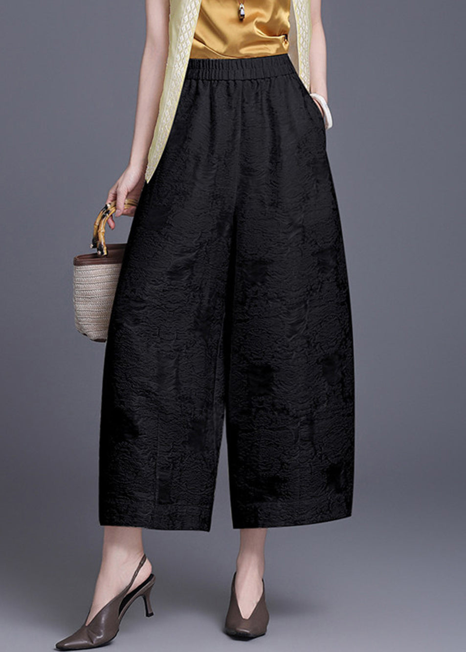 Chinese Style Off White Pockets Jacquard Elastic Waist Wide Leg Crop Pants Summer
