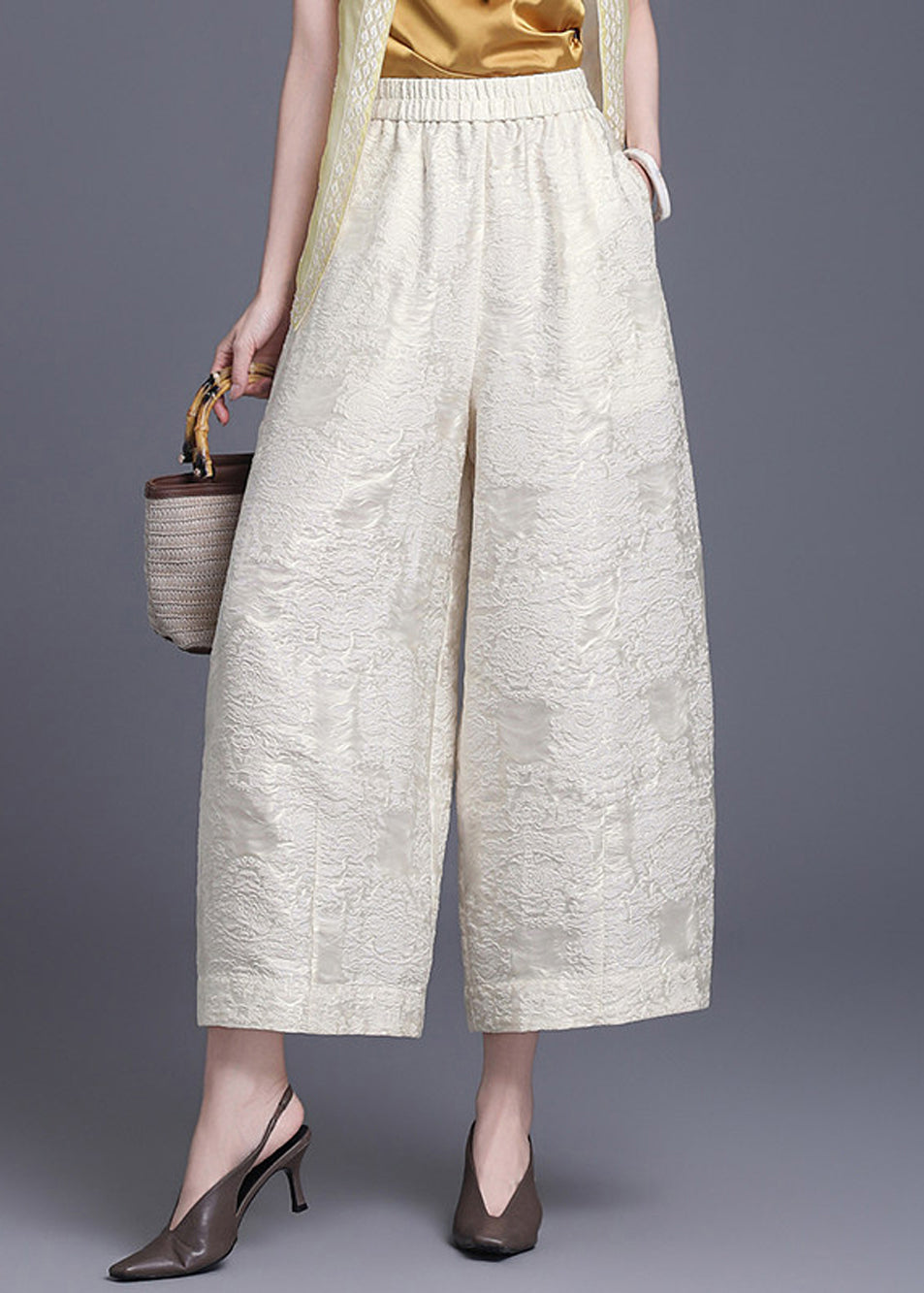 Chinese Style Off White Pockets Jacquard Elastic Waist Wide Leg Crop Pants Summer