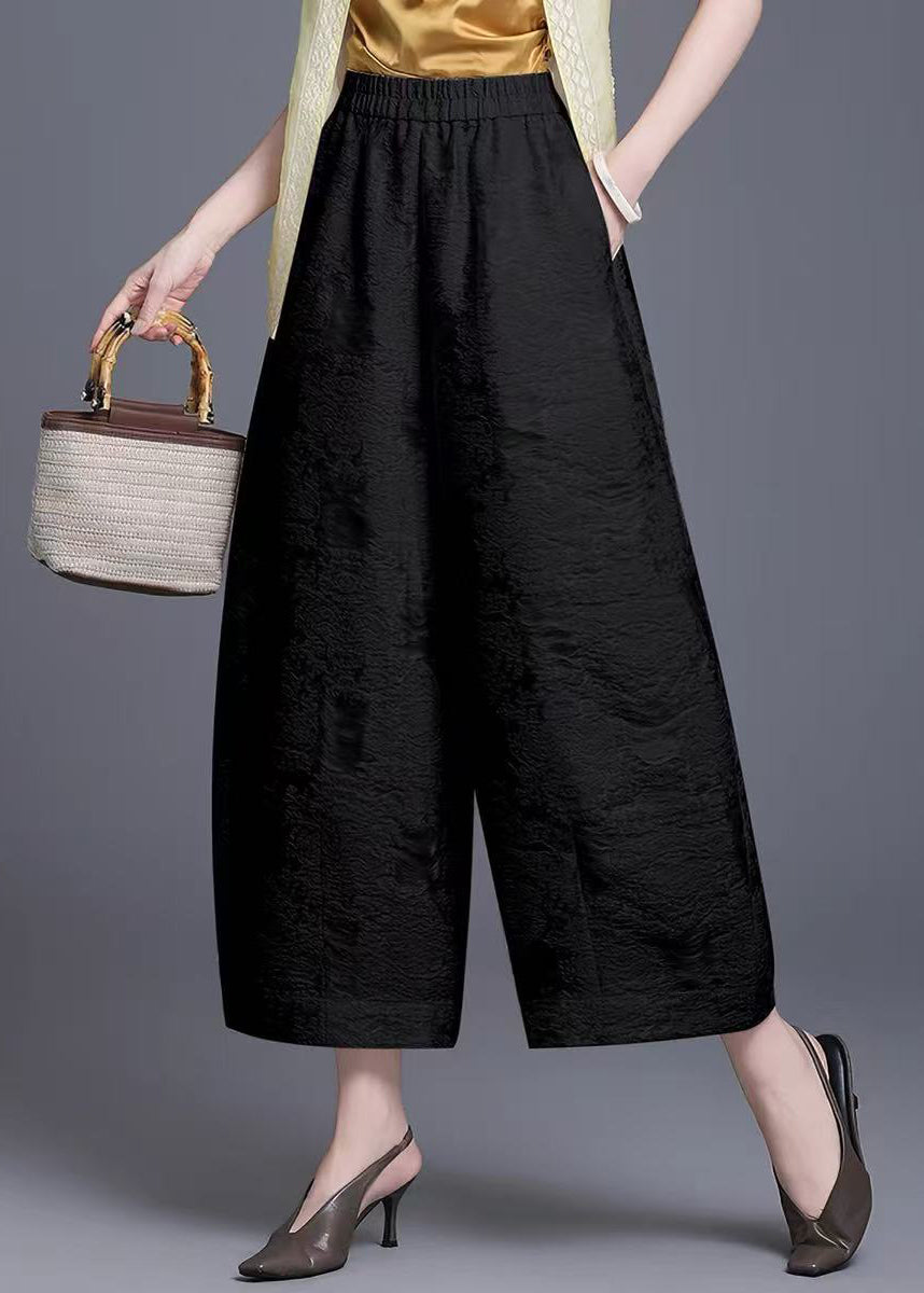 Chinese Style Off White Pockets Jacquard Elastic Waist Wide Leg Crop Pants Summer
