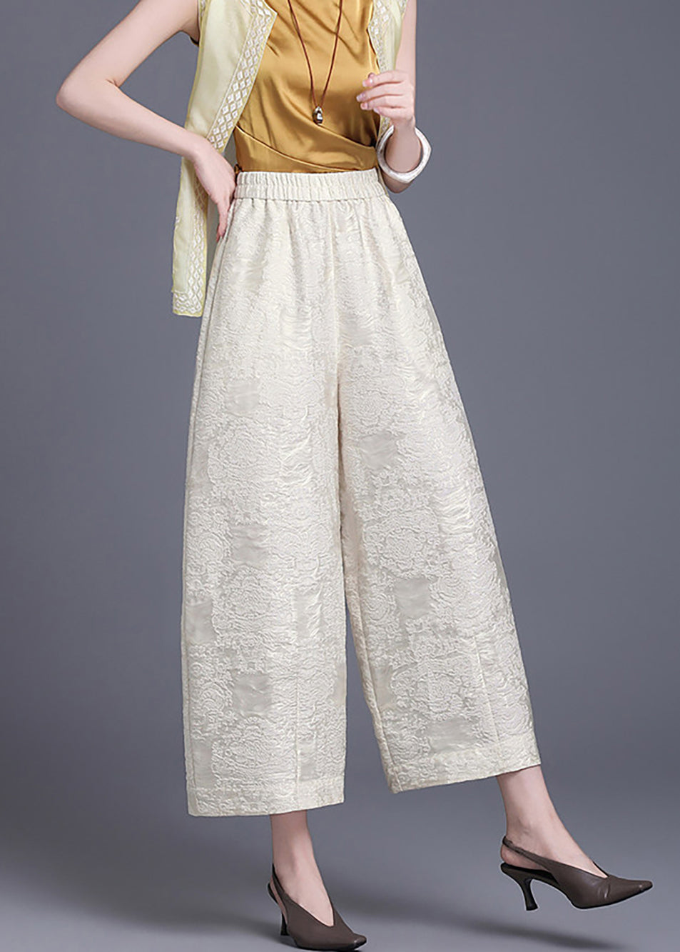 Chinese Style Off White Pockets Jacquard Elastic Waist Wide Leg Crop Pants Summer