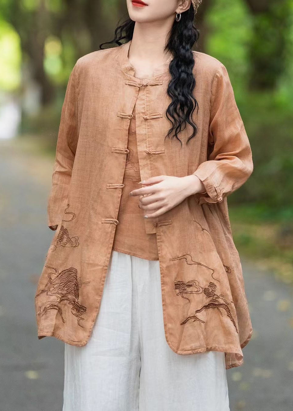 Chinese Style Orange Embroidered Linen Shirt Tops Summer