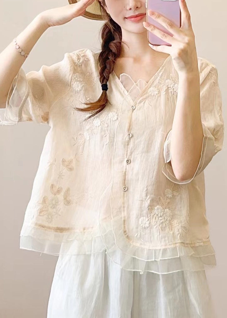 Chinese Style Orange Embroidered Ruffled Linen Blouses Half Sleeve