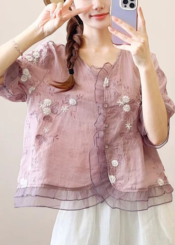 Chinese Style Orange Embroidered Ruffled Linen Blouses Half Sleeve