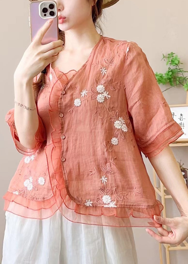 Chinese Style Orange Embroidered Ruffled Linen Blouses Half Sleeve