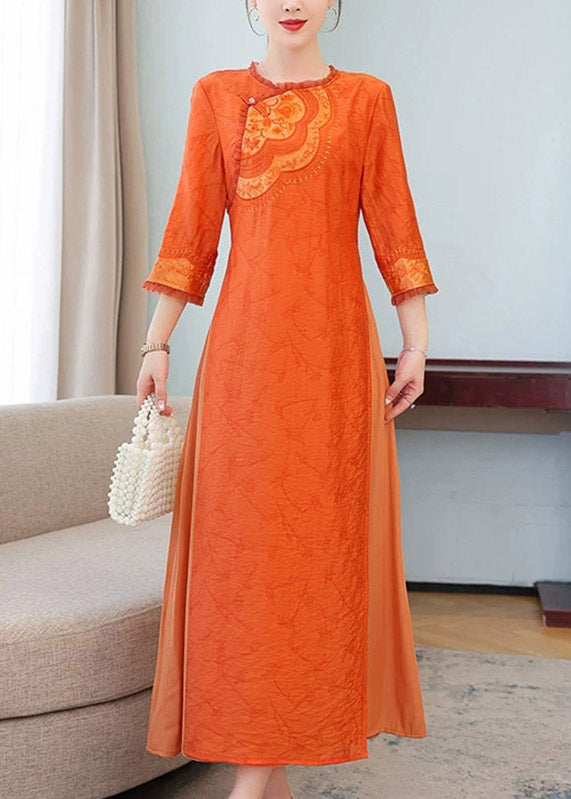 Chinese Style Orange Print Silk Long Dress Three Quarter Sleeve