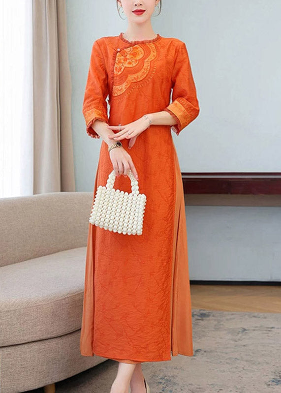 Chinese Style Orange Print Silk Long Dress Three Quarter Sleeve