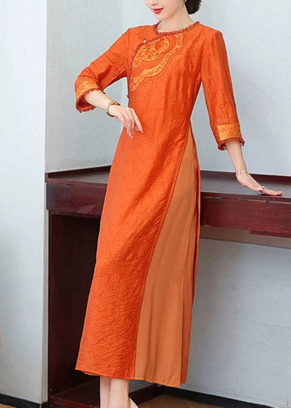 Chinese Style Orange Print Silk Long Dress Three Quarter Sleeve