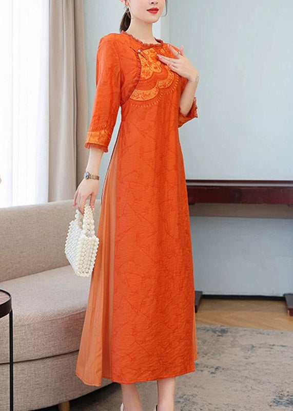 Chinese Style Orange Print Silk Long Dress Three Quarter Sleeve